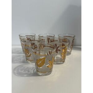 6 Vintage Libbey Golden Foliage flat shot glass frosted band and gold leaves